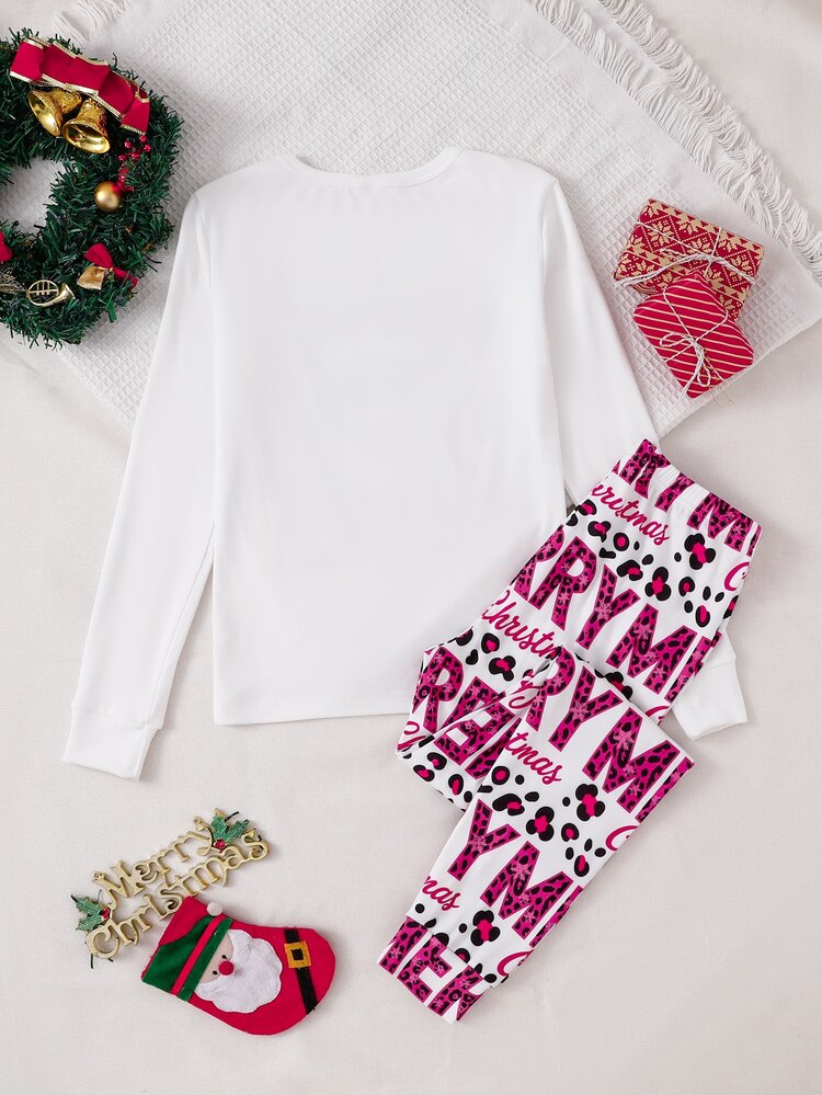 SHEIN Teen Girl Autumn/Winter Christmas Pajamas 2pcs Snug Fit Long Sleeve Pants Print Letter Formal Party Pink Cute Baggy - White - View 2