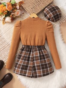 3pcs/Set Pakaian Anak Perempuan yang Modis & Elegan: Atasan Rajut Bergaris Lengan Mengembang + Celana Pendek Pita Manik-manik + Topi Beret, Musim Gugur/Musim Dingin - MultiWarna - View 2