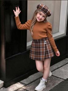 3pcs/Set Pakaian Anak Perempuan yang Modis & Elegan: Atasan Rajut Bergaris Lengan Mengembang + Celana Pendek Pita Manik-manik + Topi Beret, Musim Gugur/Musim Dingin - MultiWarna - View 1
