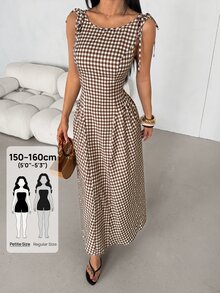SHEIN PETITE Plaid Midi Dress For Petite Women – Smart-Casual Style - Brown - View 3