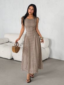 SHEIN PETITE Plaid Midi Dress For Petite Women – Smart-Casual Style - Brown - View 7