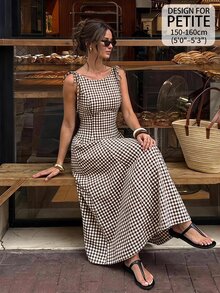 SHEIN PETITE Plaid Midi Dress For Petite Women – Smart-Casual Style - Brown - View 10