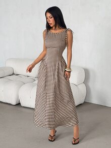 SHEIN PETITE Plaid Midi Dress For Petite Women – Smart-Casual Style - Brown - View 4