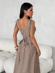 SHEIN PETITE Plaid Midi Dress For Petite Women – Smart-Casual Style - Brown - View 2