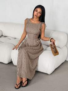 SHEIN PETITE Plaid Midi Dress For Petite Women – Smart-Casual Style - Brown - View 8