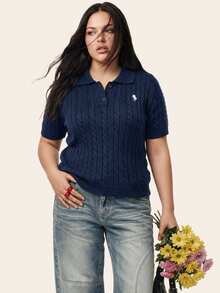 Comfortcana Plus Size Vintage Traditional Casual Elegant Collegiate Embroidered Polo Collar Navy Blue Knit Top Graduation Club Vacation Spring - Navy Blue - View 6