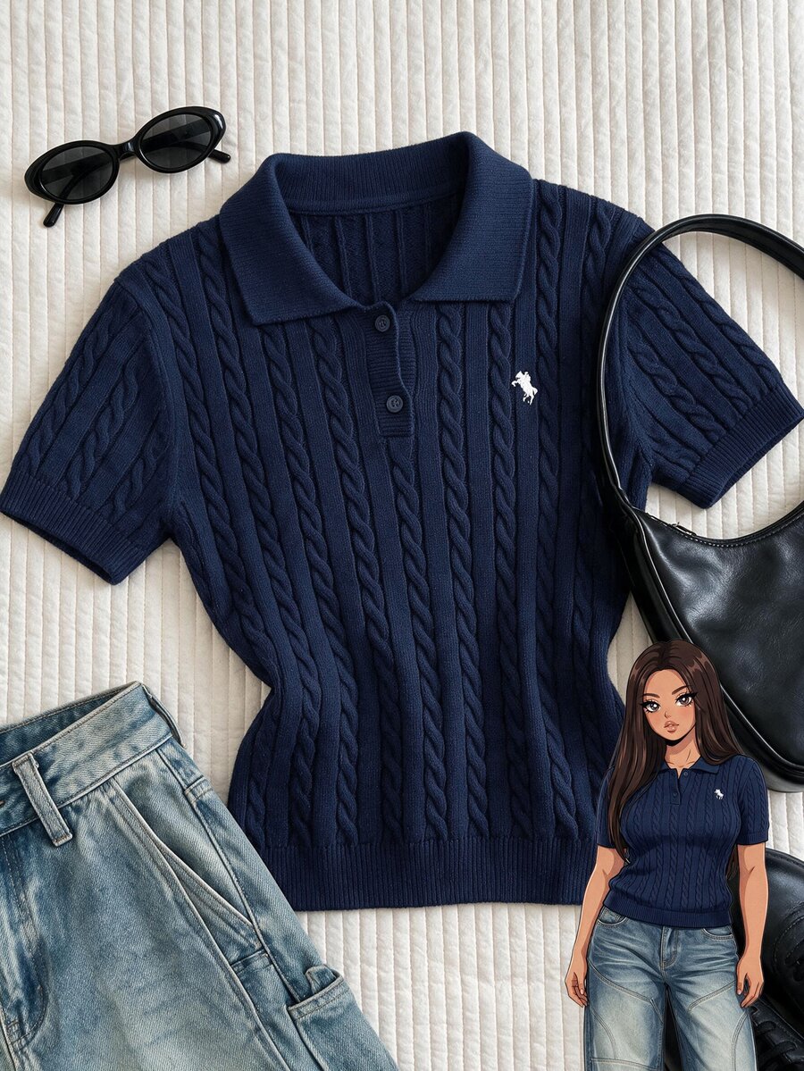Comfortcana Plus Size Vintage Traditional Casual Elegant Collegiate Embroidered Polo Collar Navy Blue Knit Top Graduation Club Vacation Spring - Navy Blue - View 1