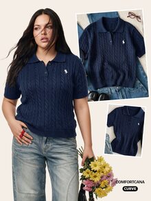 Comfortcana Plus Size Vintage Traditional Casual Elegant Collegiate Embroidered Polo Collar Navy Blue Knit Top Graduation Club Vacation Spring - Navy Blue - View 3