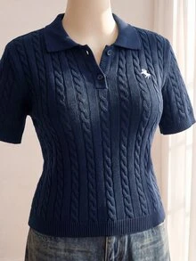 Comfortcana Plus Size Vintage Traditional Casual Elegant Collegiate Embroidered Polo Collar Navy Blue Knit Top Graduation Club Vacation Spring - Navy Blue - View 2