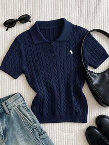 Comfortcana Plus Size Vintage Traditional Casual Elegant Collegiate Embroidered Polo Collar Navy Blue Knit Top Graduation Club Vacation Spring - Navy Blue - View 5