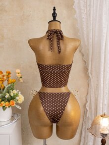 SHEIN Swim 女款最新時尚海灘套裝，優雅性感夏季泳裝，掛脖繫帶波點印花兩件式坦基尼，休閒度假穿搭 - 彩色 - 查看 2