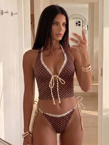 SHEIN Swim 女款最新時尚海灘套裝，優雅性感夏季泳裝，掛脖繫帶波點印花兩件式坦基尼，休閒度假穿搭 - 彩色 - 查看 10
