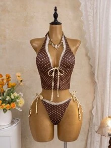 SHEIN Swim 女款最新時尚海灘套裝，優雅性感夏季泳裝，掛脖繫帶波點印花兩件式坦基尼，休閒度假穿搭 - 彩色 - 查看 3