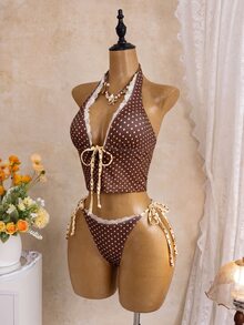 SHEIN Swim 女款最新時尚海灘套裝，優雅性感夏季泳裝，掛脖繫帶波點印花兩件式坦基尼，休閒度假穿搭 - 彩色 - 查看 4