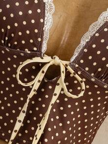 SHEIN Swim 女款最新時尚海灘套裝，優雅性感夏季泳裝，掛脖繫帶波點印花兩件式坦基尼，休閒度假穿搭 - 彩色 - 查看 7
