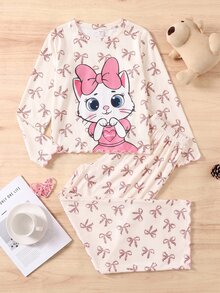 SHEIN Tween Girl 秋季/冬季甜美卡通豹紋蝴蝶結貓咪圖案圓領針織套頭上衣與配套長褲 2 件套居家服，杏色與粉色 - 杏色 - 查看 3