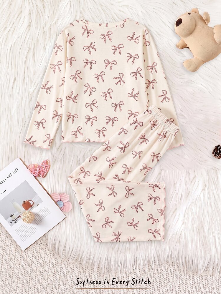 SHEIN Tween Girl Tween Girl Autumn/Winter Sweet Cartoon Leopard Print Bow Cat Graphic Crew Neck Knit Pullover Top And Matching Long Pants 2 Pieces Loungewear Set, Apricot And Pink - Apricot - View 2