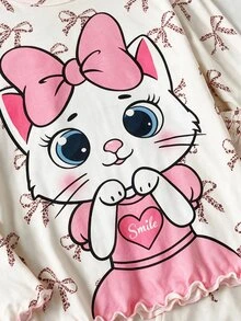 SHEIN Tween Girl 秋季/冬季甜美卡通豹紋蝴蝶結貓咪圖案圓領針織套頭上衣與配套長褲 2 件套居家服，杏色與粉色 - 杏色 - 查看 5