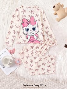 SHEIN Tween Girl 秋季/冬季甜美卡通豹紋蝴蝶結貓咪圖案圓領針織套頭上衣與配套長褲 2 件套居家服，杏色與粉色 - 杏色 - 查看 7