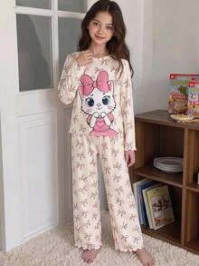 SHEIN Tween Girl 秋季/冬季甜美卡通豹紋蝴蝶結貓咪圖案圓領針織套頭上衣與配套長褲 2 件套居家服，杏色與粉色 - 杏色 - 查看 4