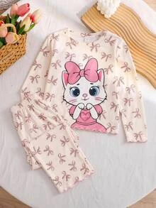 SHEIN Tween Girl 秋季/冬季甜美卡通豹紋蝴蝶結貓咪圖案圓領針織套頭上衣與配套長褲 2 件套居家服，杏色與粉色 - 杏色 - 查看 1