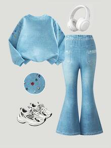 SHEIN Elladie kids 復古淺藍印花套裝，休閒圓領長袖衛衣搭配喇叭長褲，適合秋冬日常、街頭、校園返校季穿搭，精緻吸睛，輕鬆打造甜酷女孩造型，拍照效果出色 - 藍色 - 查看 2