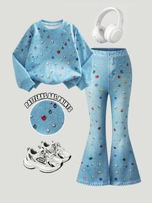 SHEIN Elladie kids 復古淺藍印花套裝，休閒圓領長袖衛衣搭配喇叭長褲，適合秋冬日常、街頭、校園返校季穿搭，精緻吸睛，輕鬆打造甜酷女孩造型，拍照效果出色 - 藍色 - 查看 3
