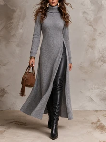 Breezaya Women's Autumn/Winter Vintage High Neck Slit Long Knit Sweater Top - Grey - View 1