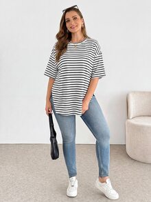 Shapeblank Plus-Size Women's Summer Casual Black And White Stripe Short-Sleeved T-Shirt,Everyday Fashionable Loose Comfortable Basic Versatile Oversize Tops - White - View 6