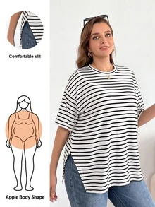 Shapeblank Plus-Size Women's Summer Casual Black And White Stripe Short-Sleeved T-Shirt,Everyday Fashionable Loose Comfortable Basic Versatile Oversize Tops - White - View 1