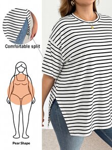 Shapeblank Plus-Size Women's Summer Casual Black And White Stripe Short-Sleeved T-Shirt,Everyday Fashionable Loose Comfortable Basic Versatile Oversize Tops - White - View 3