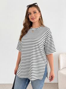 Shapeblank Plus-Size Women's Summer Casual Black And White Stripe Short-Sleeved T-Shirt,Everyday Fashionable Loose Comfortable Basic Versatile Oversize Tops - White - View 4