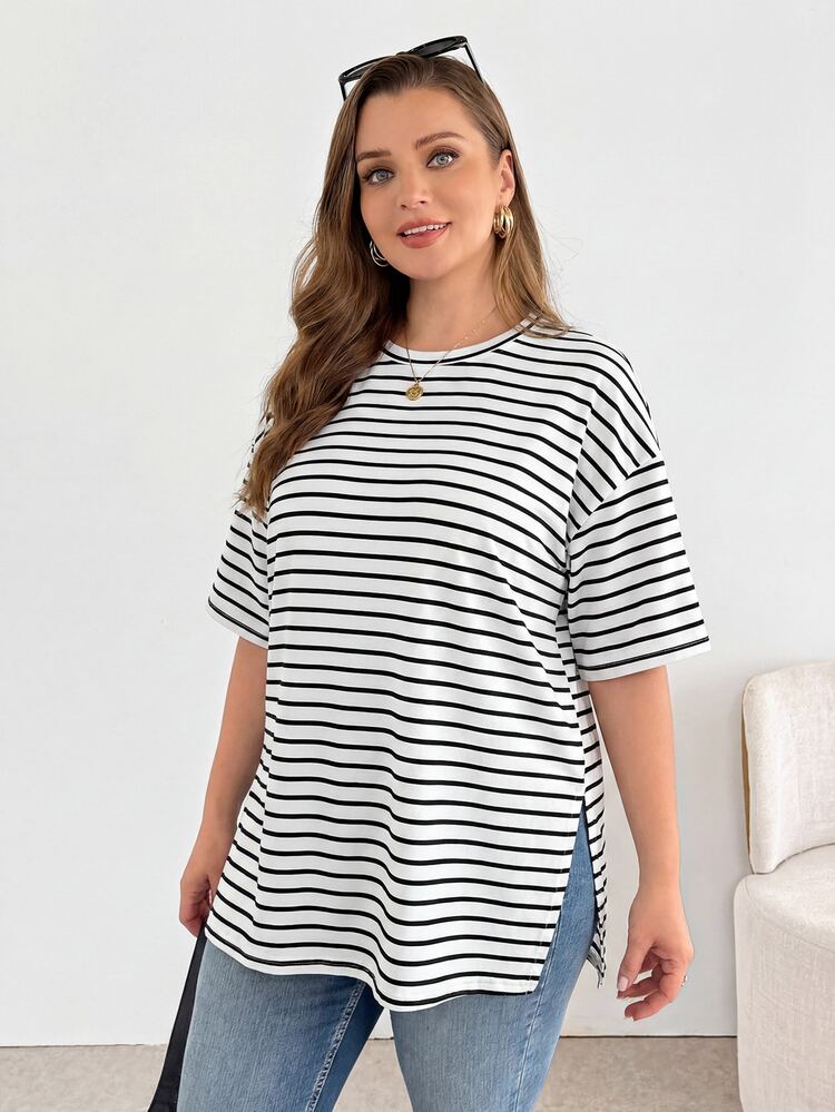 Shapeblank Plus-Size Women's Summer Casual Black And White Stripe Short-Sleeved T-Shirt,Everyday Fashionable Loose Comfortable Basic Versatile Oversize Tops - White - View 4