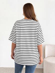 Shapeblank Plus-Size Women's Summer Casual Black And White Stripe Short-Sleeved T-Shirt,Everyday Fashionable Loose Comfortable Basic Versatile Oversize Tops - White - View 2