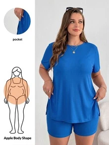 Shapeblank Plus Size Women Solid Color Round Neck Short Sleeve T-Shirt And Shorts Casual 2 Pieces Set - Royal Blue - View 1