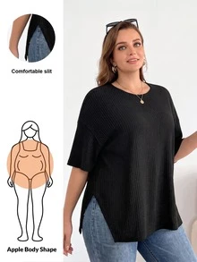 Shapeblank 大码女装春夏时尚休闲宽松舒适日常百搭显瘦黑色华夫格针织短袖T恤，简约风格，夏季穿搭，欧洲夏季，外出上衣 - 黑色 - 查看 1