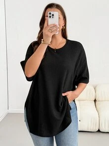 Shapeblank 大码女装春夏时尚休闲宽松舒适日常百搭显瘦黑色华夫格针织短袖T恤，简约风格，夏季穿搭，欧洲夏季，外出上衣 - 黑色 - 查看 6