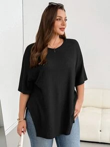 Shapeblank 大码女装春夏时尚休闲宽松舒适日常百搭显瘦黑色华夫格针织短袖T恤，简约风格，夏季穿搭，欧洲夏季，外出上衣 - 黑色 - 查看 7