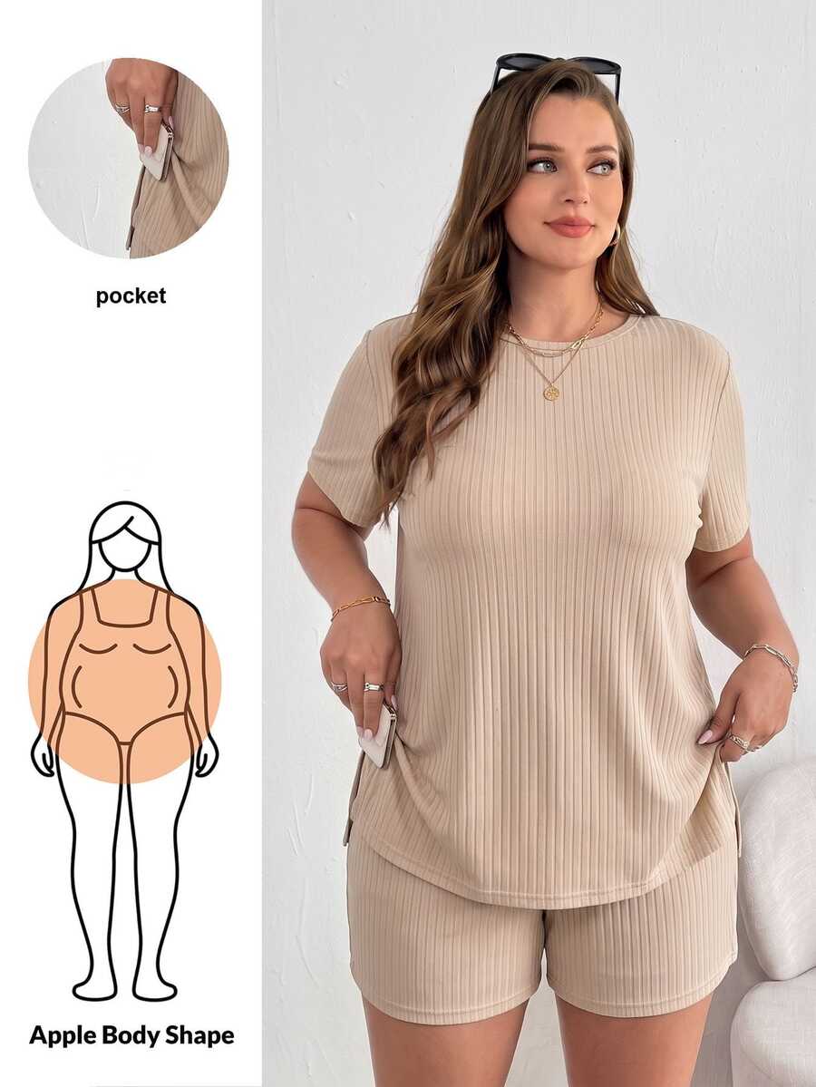 Shapeblank Plus Size Women's Summer Solid Color Round Neck Short Sleeve T-Shirt With Side Slit Casual T-Shirt And Shorts Set