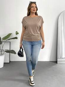 Shapeblank Plus Size Women's Summer Casual Everyday Loose Comfortable Slim Short-Sleeved T-Shirt, Versatile Simple Work Top, Teacher - Khaki - View 5