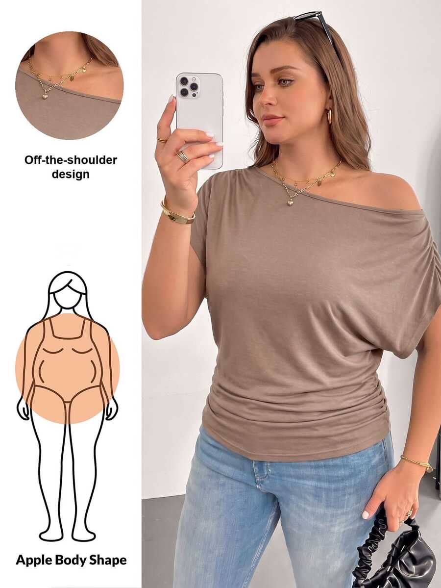 Shapeblank Plus Size Women's Summer Casual Everyday Loose Comfortable Slim Short-Sleeved T-Shirt, Versatile Simple Work Top, Teacher - Khaki - View 1