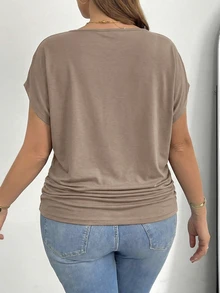 Shapeblank Plus Size Women's Summer Casual Everyday Loose Comfortable Slim Short-Sleeved T-Shirt, Versatile Simple Work Top, Teacher - Khaki - View 2