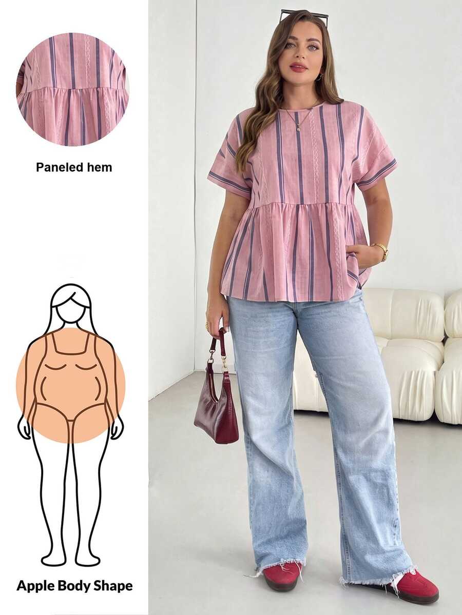 Shapeblank 大尺碼女款夏季粉色短袖娃娃上衣,休閒時尚可愛波希米亞風日常度假正式夜店寬鬆襯衫,Curve - 粉色 - 查看 1