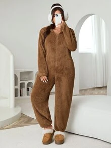 Solflare Plus Size Cute Comfortable Zip-Up Long Sleeve Hooded Jumpsuit - Brown - View 5