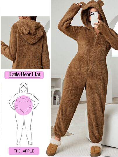 Solflare Plus Size Cute Comfortable Zip-Up Long Sleeve Hooded Jumpsuit