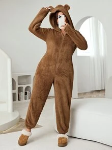 Solflare Plus Size Cute Comfortable Zip-Up Long Sleeve Hooded Jumpsuit - Brown - View 6