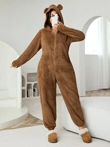 Solflare Plus Size Cute Comfortable Zip-Up Long Sleeve Hooded Jumpsuit - Brown - View 3