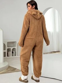 Solflare Plus Size Cute Comfortable Zip-Up Long Sleeve Hooded Jumpsuit - Brown - View 2