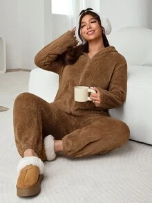 Solflare Plus Size Cute Comfortable Zip-Up Long Sleeve Hooded Jumpsuit - Brown - View 4