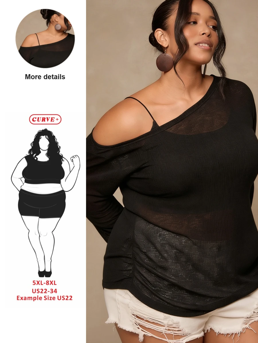 SHEIN CURVE+ Plus Size Casual Asymmetrical Shoulder Knit Top, Versatile All-Match T-Shirt For Autumn/Winter Fall - Black - View 1